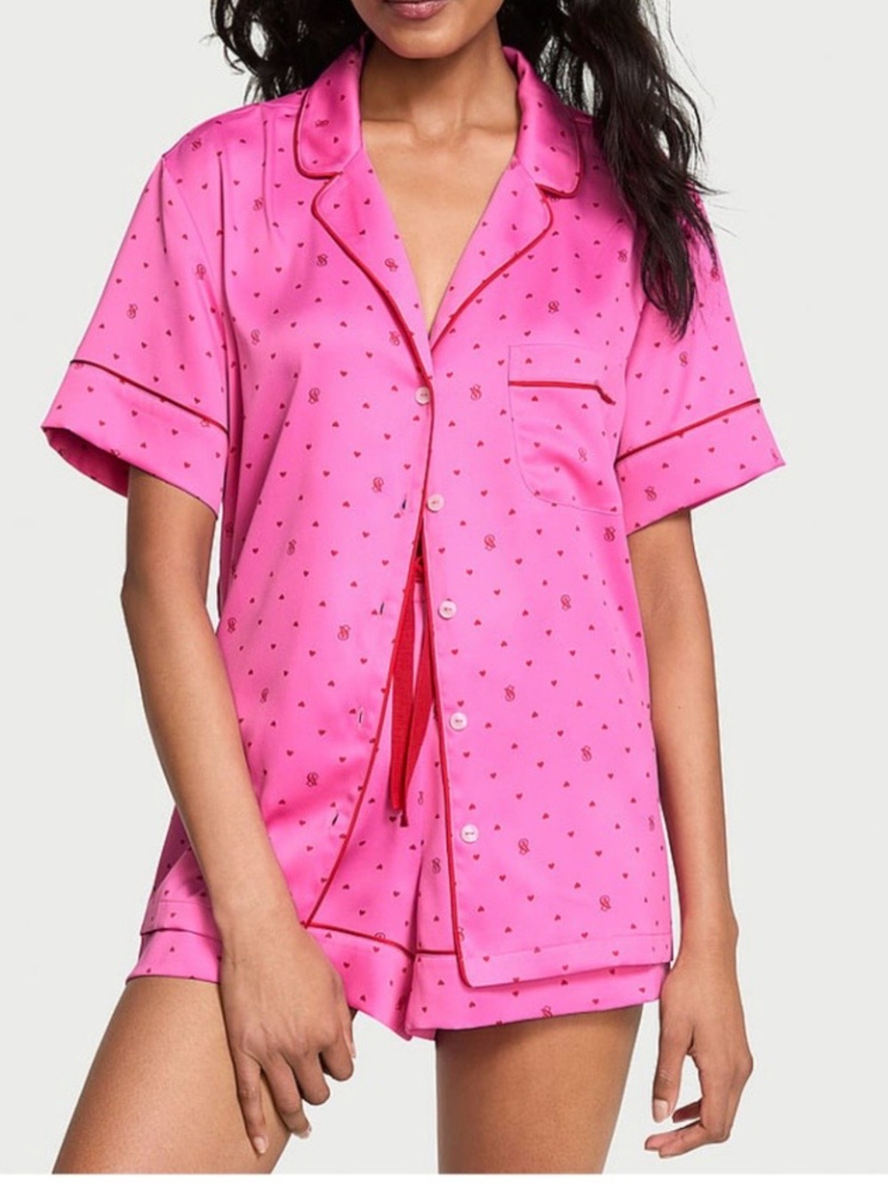 Victoria’s Secret Peony Pink Logo Hearts Satin Short Pajama Set